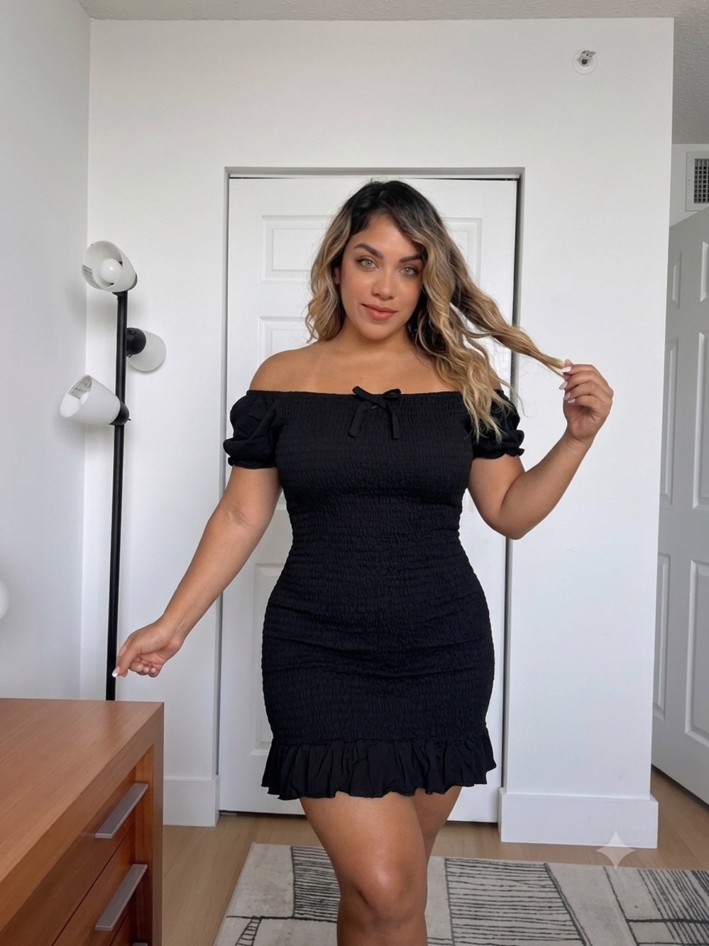 FireSwan Black Smocked Bodycon Mini Dress with Puff Sleeves Size L – New